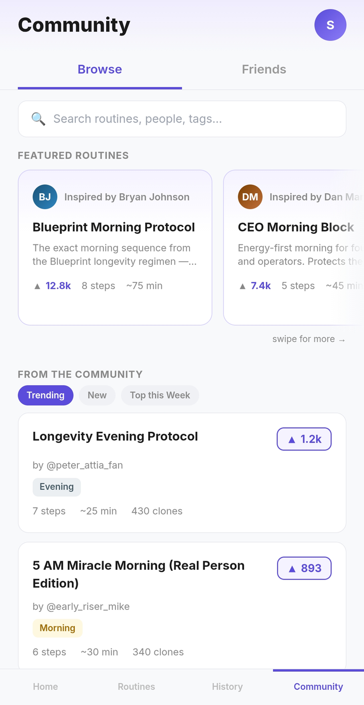 Routine OS community tab — featured routines inspired by public figures and real routines shared by other users