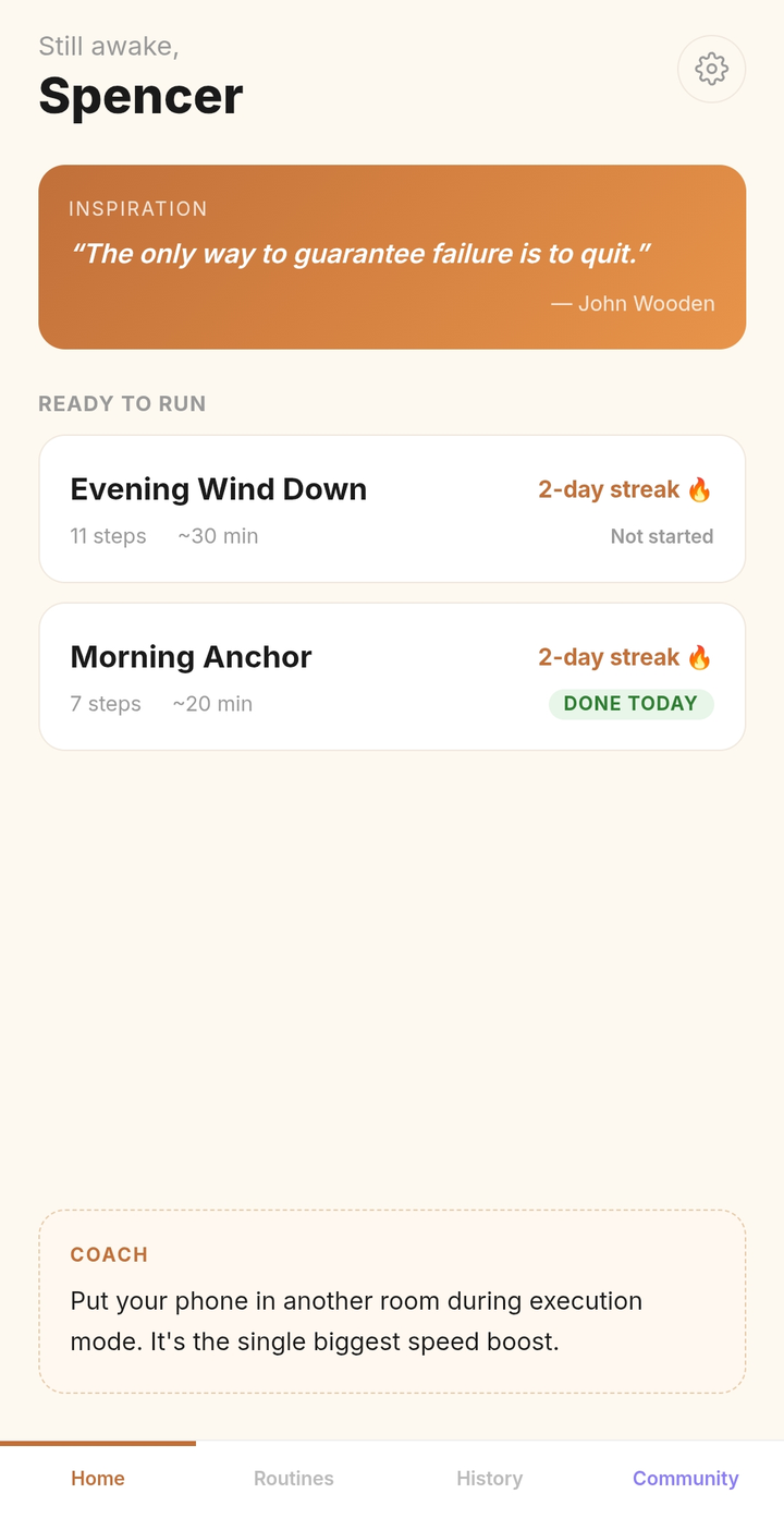 Routine OS home screen — greeting, inspiration card, active routines, coach tip
