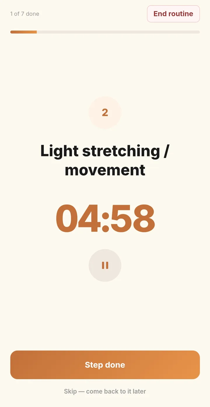 Routine OS running a timer step — large countdown, pause button, step done CTA
